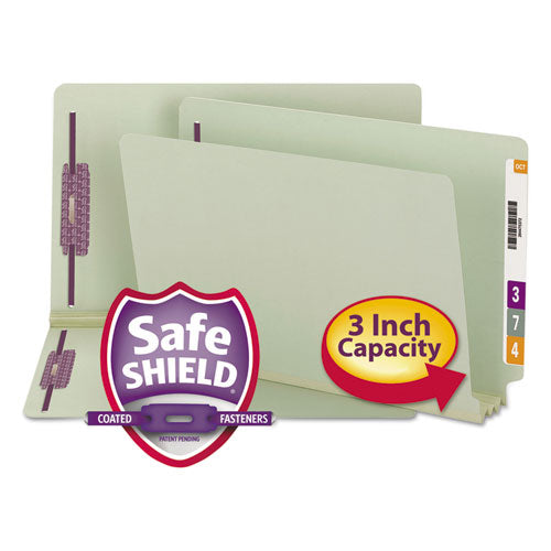 Image of Smead End Tab Pressboard Classification Folders, Two SafeSHIELD Coated Fasteners, 3" Expansion, Legal Size, Gray-Green, 25/Box