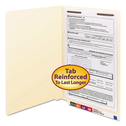 Image of Smead End Tab Fastener Folders with Reinforced Straight Tabs, 11-pt Manila, 1 Fastener, Legal Size, Manila Exterior, 50/Box