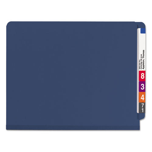 Image of Smead End Tab Pressboard Classification Folders, Six SafeSHIELD Fasteners, 2" Expansion, 2 Dividers, Letter Size, Dark Blue, 10/Box