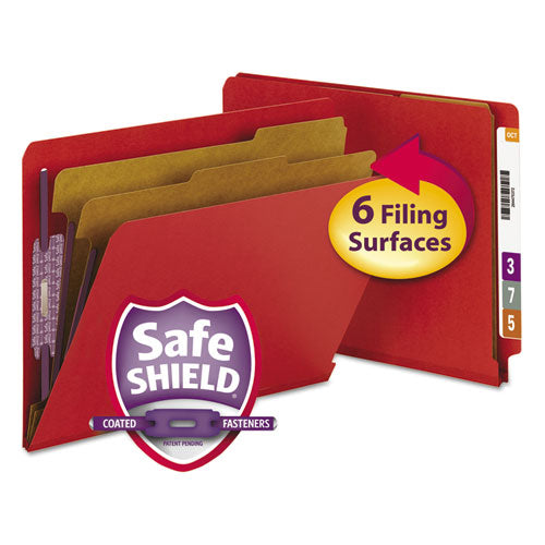 Image of Smead End Tab Pressboard Classification Folders, Six SafeSHIELD Fasteners, 2" Expansion, 2 Dividers, Letter Size, Bright Red, 10/BX