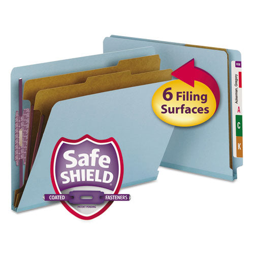 Image of Smead End Tab Pressboard Classification Folders, Six SafeSHIELD Fasteners, 2" Expansion, 2 Dividers, Letter Size, Blue, 10/Box