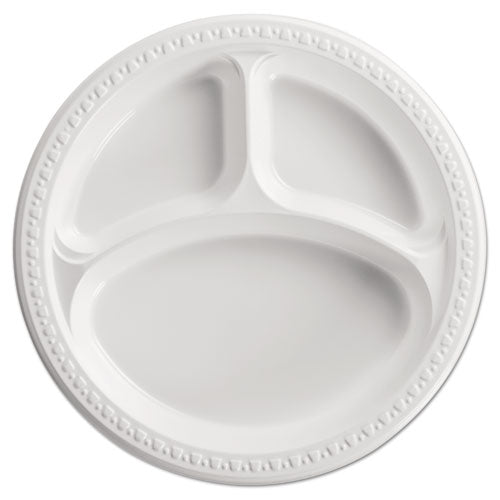 Image of Chinet® Heavyweight Plastic 3-Compartment Plates, 10.25" Dia, White, 125/pack, 4 Packs/carton