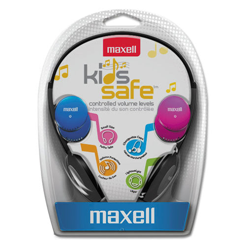 Image of Maxell® Kids Safe Headphones, 4 ft Cord, Black with Interchangeable Pink/Blue/Silver Caps