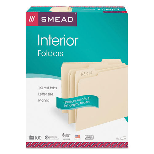 Image of Smead Interior File Folders, 1/3-Cut Tabs: Assorted, Letter Size, 0.75" Expansion, Manila, 100/Box