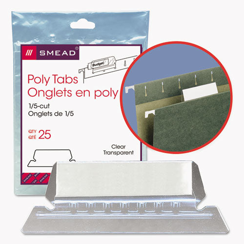 Image of Smead Poly Index Tabs and Inserts For Hanging File Folders, 1/5-Cut, White/Clear, 2.25" Wide, 25/Pack