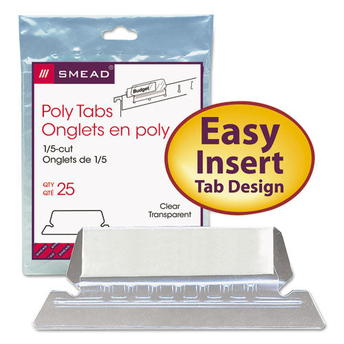 Image of Smead Poly Index Tabs and Inserts For Hanging File Folders, 1/5-Cut, White/Clear, 2.25" Wide, 25/Pack