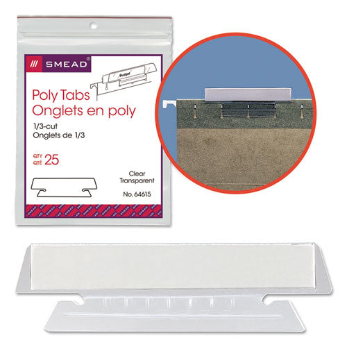Image of Smead Poly Index Tabs and Inserts For Hanging File Folders, 1/3-Cut, White/Clear, 3.5" Wide, 25/Pack