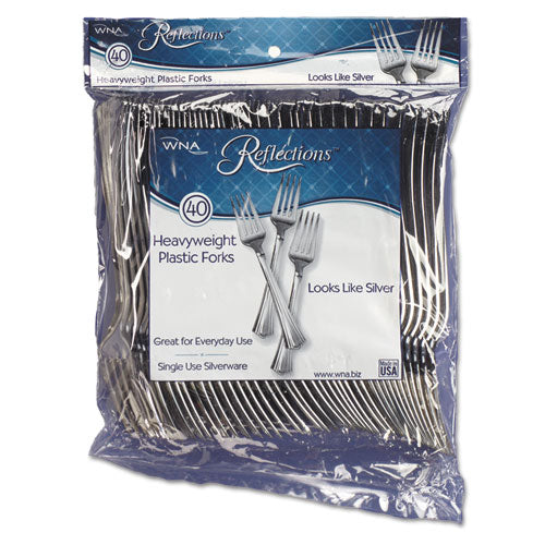 Image of WNA Reflections Heavyweight Plastic Utensils, Fork, Silver, 40/Pack, 8 Packs/Carton