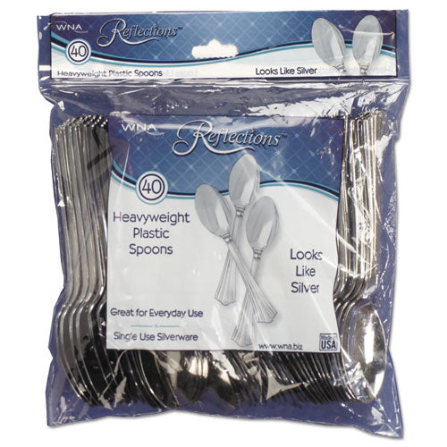 Image of WNA Reflections Heavyweight Plastic Utensils, Spoon, Silver, 40/Pack, 8 Packs/Carton