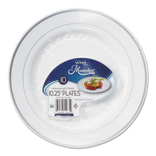 Image of WNA Masterpiece Plastic Plates, 10.25" dia, White/Silver, 10/Pack, 12 Packs/Carton