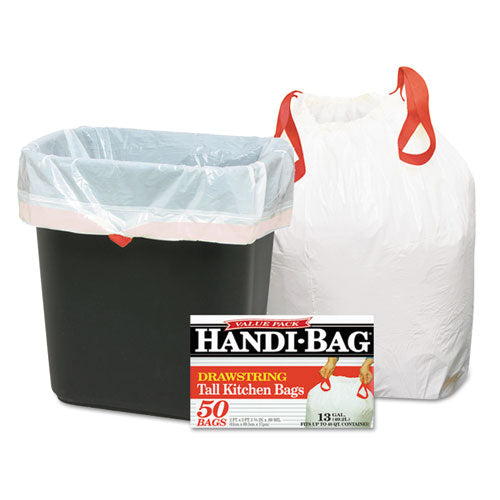 Image of Handi-Bag® Drawstring Kitchen Bags, 13 gal, 24" x 27.38", White, 50/Box