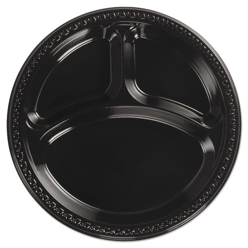 Image of Chinet® Heavyweight Plastic 3-Compartment Plates, 10.25" dia, Black, 125/Pack, 4 Packs/Carton