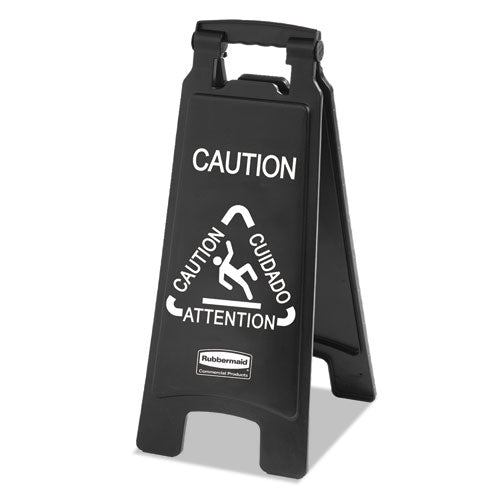 Image of Rubbermaid® Commercial Executive 2-Sided Multi-Lingual Caution Sign, Black/White, 10.9 x 26.1