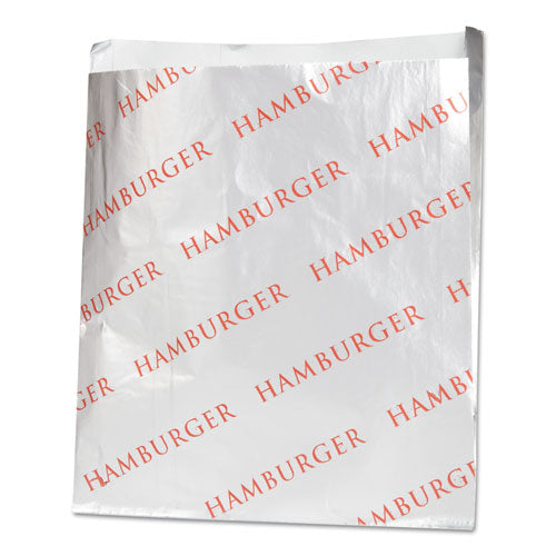 Image of Bagcraft Foil Single-Serve Bags, Hamburger Labeling, 6" x 0.75" x 6.5", Silver/Red, 1,000/Carton