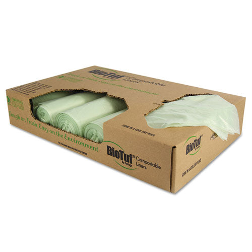 Image of Heritage Biotuf Compostable Can Liners, 48 gal, 1 mil, 42" x 48", Green, 20 Bags/Roll, 5 Rolls/Carton