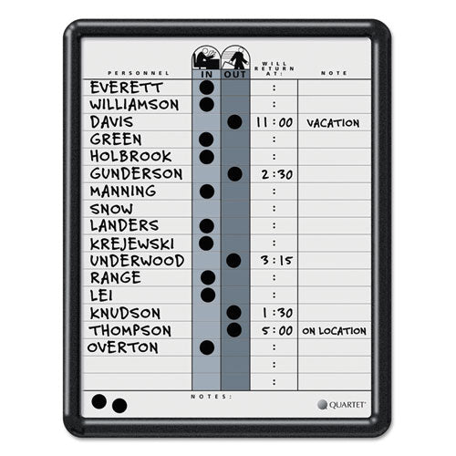 Image of Quartet® Employee In/Out Board, Personnel In/Out Tracking Chart, 11" x 14", White/Gray Surface, Black Plastic Frame