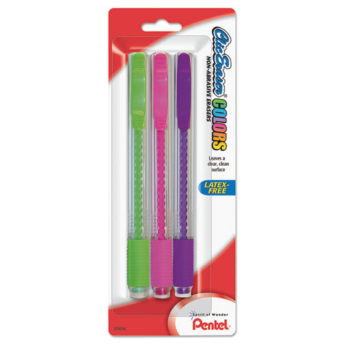 Image of Pentel® Clic Eraser Colors Eraser, For Pencil Marks, White Eraser, Assorted Barrel Colors, 3/pack
