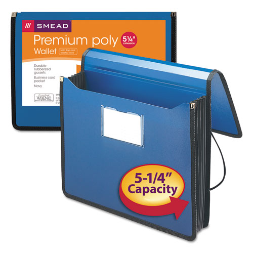 Image of Smead Poly Premium Wallets, 5.25" Expansion, 1 Section, Elastic Cord Closure, Letter Size, Navy Blue