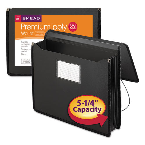 Image of Smead Poly Premium Wallets, 5.25" Expansion, 1 Section, Elastic Cord Closure, Letter Size, Black