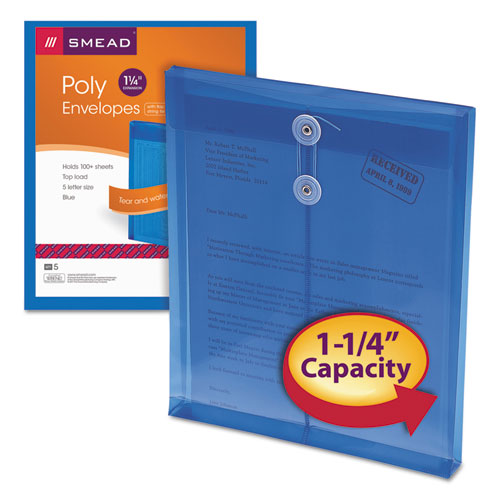 Image of Smead Poly String and Button Interoffice Envelopes, Open-End (Vertical), 9.75 x 11.63, Transparent Blue, 5/Pack