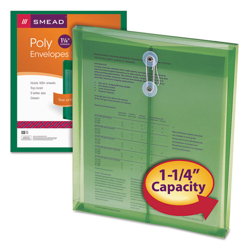 Image of Smead Poly String and Button Interoffice Envelopes, Open-End (Vertical), 9.75 x 11.63, Transparent Green, 5/Pack