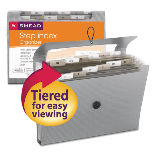 Image of Smead Step Index Organizer, 12 Sections, Cord/Hook Closure, 1/6-Cut Tabs, Letter Size, Silver