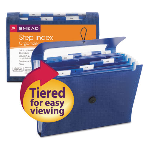 Image of Smead Step Index Organizer, 12 Sections, Cord/Hook Closure, 1/6-Cut Tabs, Letter Size, Navy