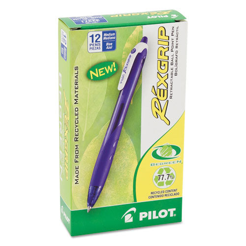 Image of Pilot® RexGrip BeGreen Ballpoint Pen, Retractable, Medium 1 mm, Blue Ink, Translucent Blue Barrel, Dozen