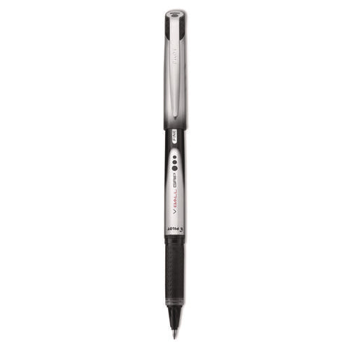 Image of Pilot® VBall Grip Liquid Ink Rollerball Pen, Stick, Fine 0.7 mm, Black Ink, Black/Silver Barrel, Dozen