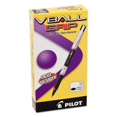 Image of Pilot® VBall Grip Liquid Ink Rollerball Pen, Stick, Fine 0.7 mm, Black Ink, Black/Silver Barrel, Dozen
