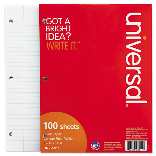 Image of Universal® Filler Paper, 3-Hole, 8.5 X 11, Medium/college Rule, 100/pack