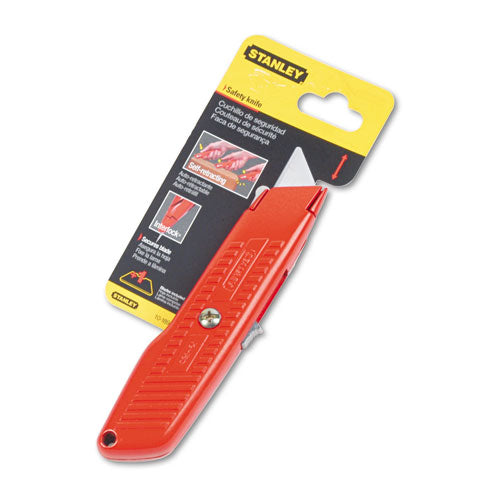 Image of Stanley® Interlock Safety Utility Knife with Self-Retracting Round Point Blade, 5.63" Metal Handle, Red Orange
