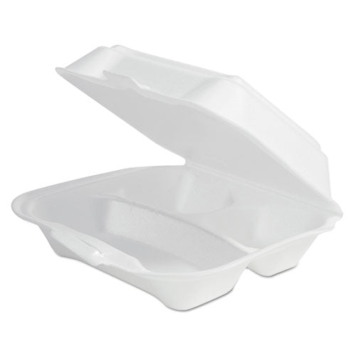 Image of Plastifar Foam Hinged Lid Container Secure One Tab Latch, 3 Compartments, 7.81 x 8.75 x 3.38, White, 100/Sleeve, 2 Sleeves/Bag