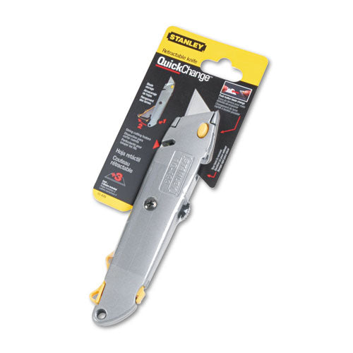 Image of Stanley® Quick-Change Utility Knife with Twine Cutter and (3) Retractable Blades, 6" Metal Handle, Gray, 6/Box