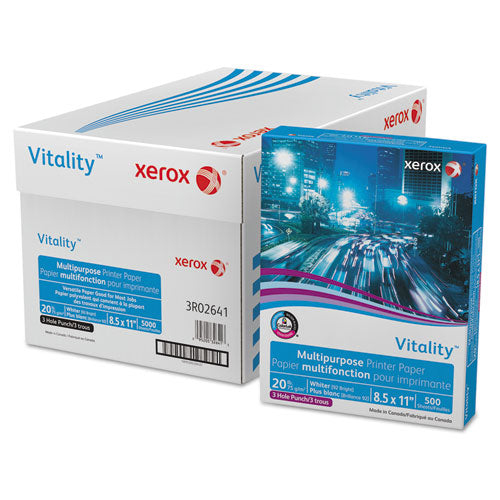 Image of xerox Vitality Multipurpose Print Paper, 92 Bright, 3-Hole, 20 lb Bond Weight, 8.5 x 11, 500 Sheets/Ream, 10 Reams/Carton