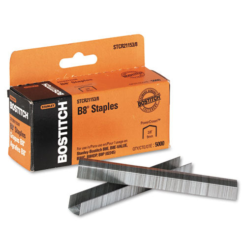 Image of Bostitch® B8 Powercrown Premium Staples, 0.38" Leg, 0.5" Crown, Steel, 5,000/box