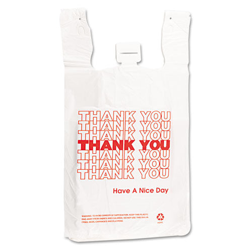 Image of Barnes Paper Company Plastic Thank-You T-Sack, Thank You - Have a Nice Day Labeling, Cut-Out Handles, 4" x 6" x 15", White/Red, 2,000/Carton