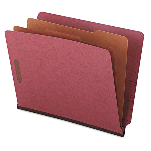 Image of Universal® Red Pressboard End Tab Classification Folders, 2" Expansion, 2 Dividers, 6 Fasteners, Letter Size, Red Exterior, 10/Box