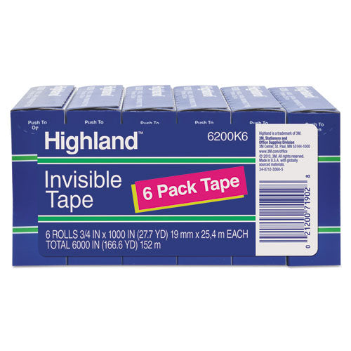 Image of Highland Invisible Permanent Mending Tape, 1" Core, 0.75" X 83.33 Ft, Clear, 6/pack