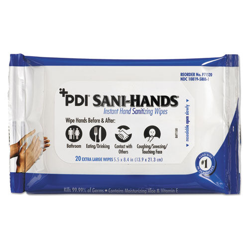 Image of Sani Professional® PDI Sani-Hands Instant Hand Sanitizing Wipes, 1-Ply, 5.5 x 8.4, White, 20/Pack, 48 Packs/Carton