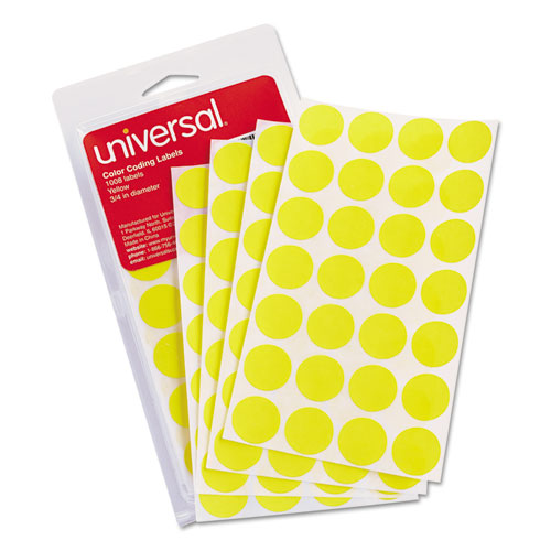 Image of Universal® Self-Adhesive Removable Color-Coding Labels, 0.75" dia, Yellow, 28/Sheet, 36 Sheets/Pack