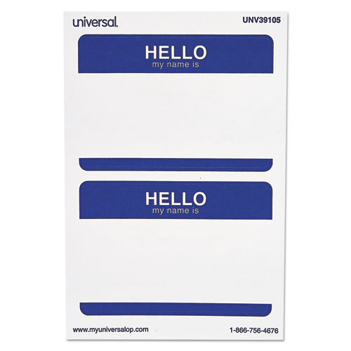 Image of Universal® Hello Self-Adhesive Name Badges, 3.5 x 2.25, White/Blue, 100/Pack
