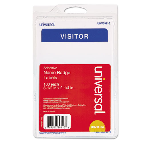 Image of Universal® Visitor Self-Adhesive Name Badges, 3.5 x 2.25, White/Blue, 100/Pack