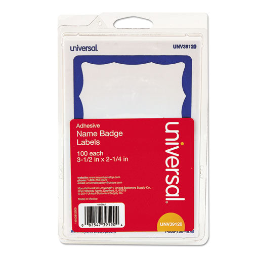 Image of Universal® Border-Style Self-Adhesive Name Badges, 3 1/2 X 2 1/4, White/blue, 100/pack