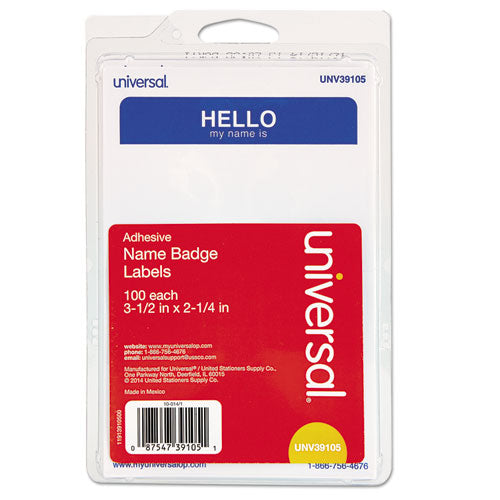 Image of Universal® Hello Self-Adhesive Name Badges, 3.5 x 2.25, White/Blue, 100/Pack