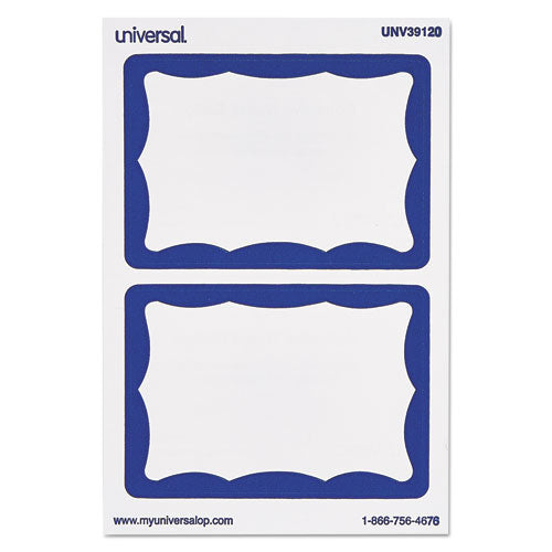 Image of Universal® Border-Style Self-Adhesive Name Badges, 3 1/2 X 2 1/4, White/blue, 100/pack