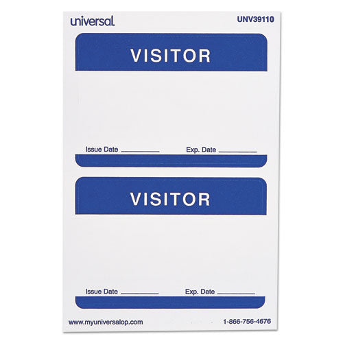 Image of Universal® Visitor Self-Adhesive Name Badges, 3.5 x 2.25, White/Blue, 100/Pack