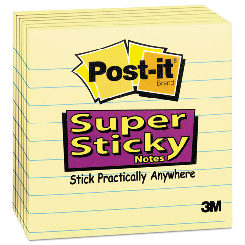 Image of Post-it® Notes Super Sticky Pads in Canary Yellow, Note Ruled, 4" x 4", 90 Sheets/Pad, 6 Pads/Pack