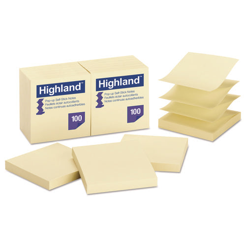Image of Highland Self-Stick Pop-up Notes, 3" x 3", Yellow, 100 Sheets/Pad, 12 Pads/Pack