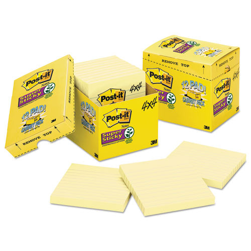Image of Post-it® Notes Super Sticky Pads in Canary Yellow, Cabinet Pack, Note Ruled, 4" x 4", 90 Sheets/Pad, 12 Pads/Pack